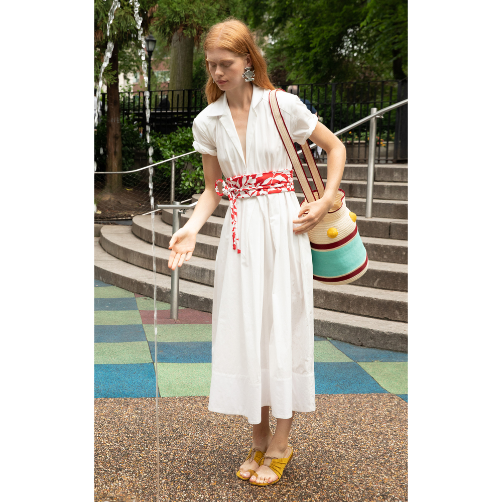 Rosie Assoulin Short Sleeve Belted Dress White Red Size 2
